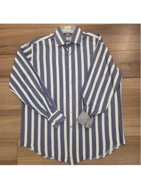 Men's Thomas Dean Dress Shirt XL Blue White Striped Long Sleeve
